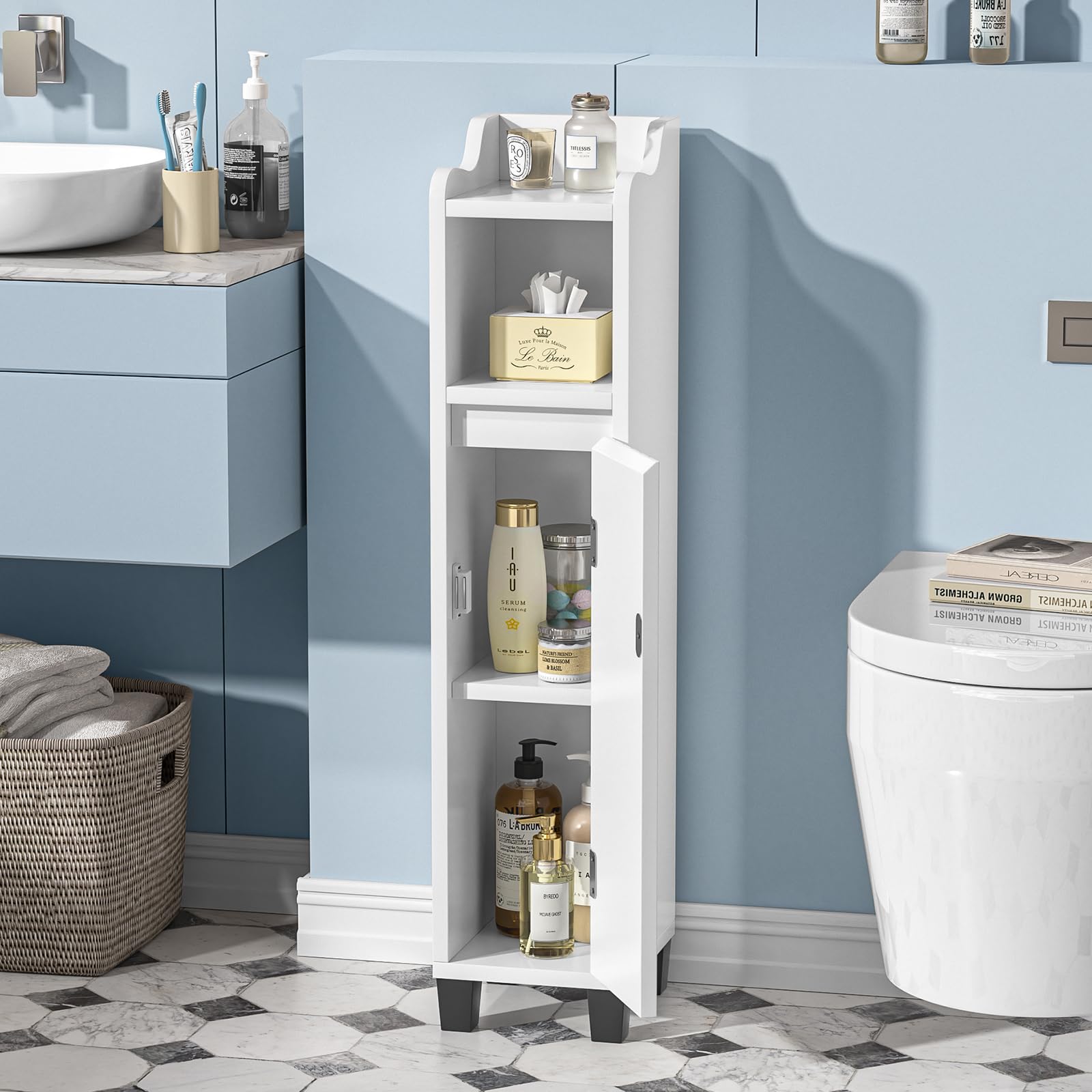 Armario Baño Pequeño y Estrecho, Mueble Auxiliar de Baño Madera, Estantes Ajustables, Cierre Magnético, Armario de Almacenamiento, Adecuado para Dormitorio, Cocina y Salón, Moderno, Blanco
