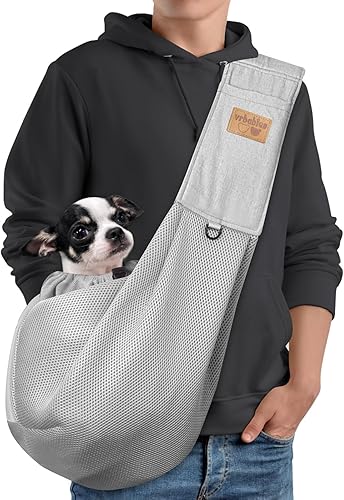 Miniatura 8 de vrbabies Eslinga para perros, de malla transpirable, correa ajustable, bolsa transportadora para perros con bolsillo, manos libres para viajes al