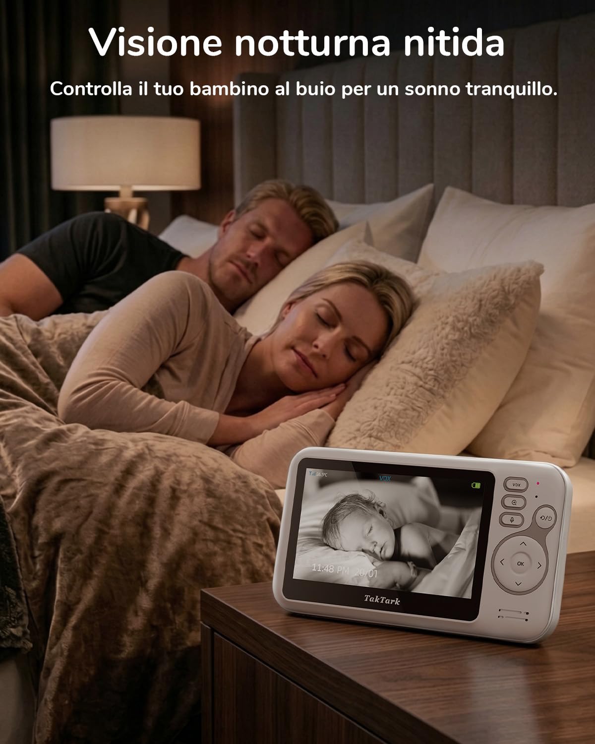TakTark Baby Monitor Video e Audio, 4.3'' Telecamera Bambini con Monitor Video Baby Monitor Videocamera VOX, Visione notturna, Comunicazione Bidirezionale Sensore di temperatura