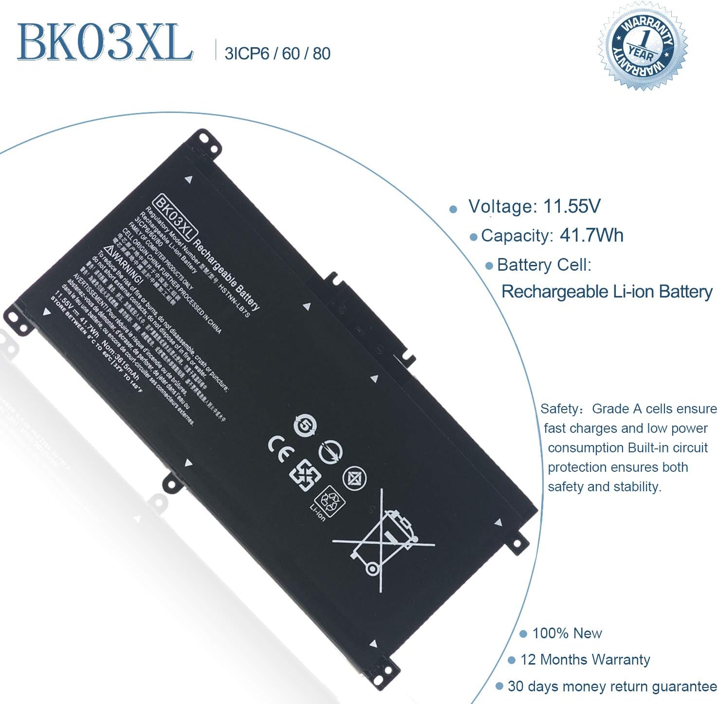 BK03XL battery specifications including voltage and capacity