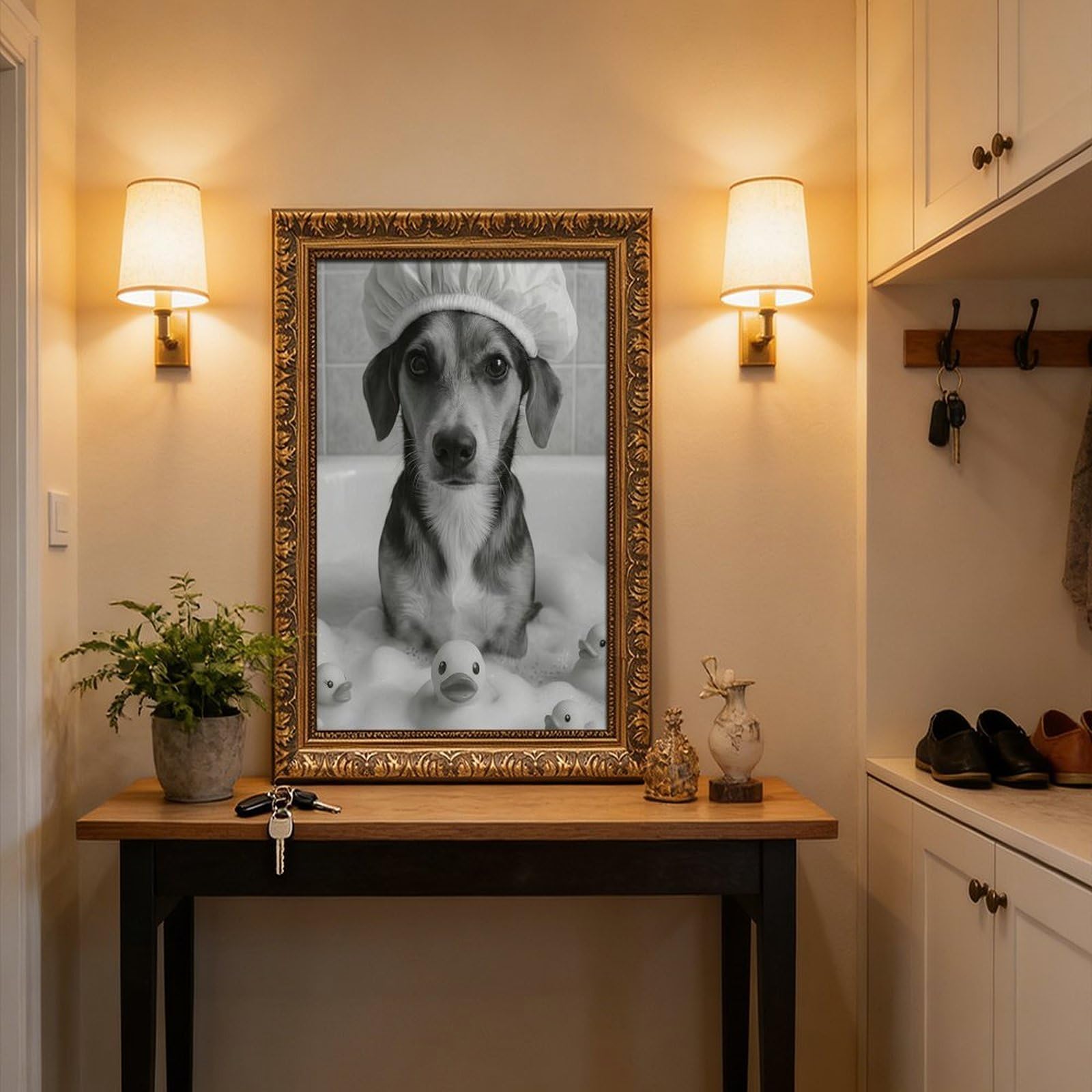 Lustiger Hund in der Badewanne, niedlicher Welpe mit Duschhaube, Leinwand-Poster, Wandkunst für Wohnzimmer und Schlafzimmer, 61 x 91,4 cm