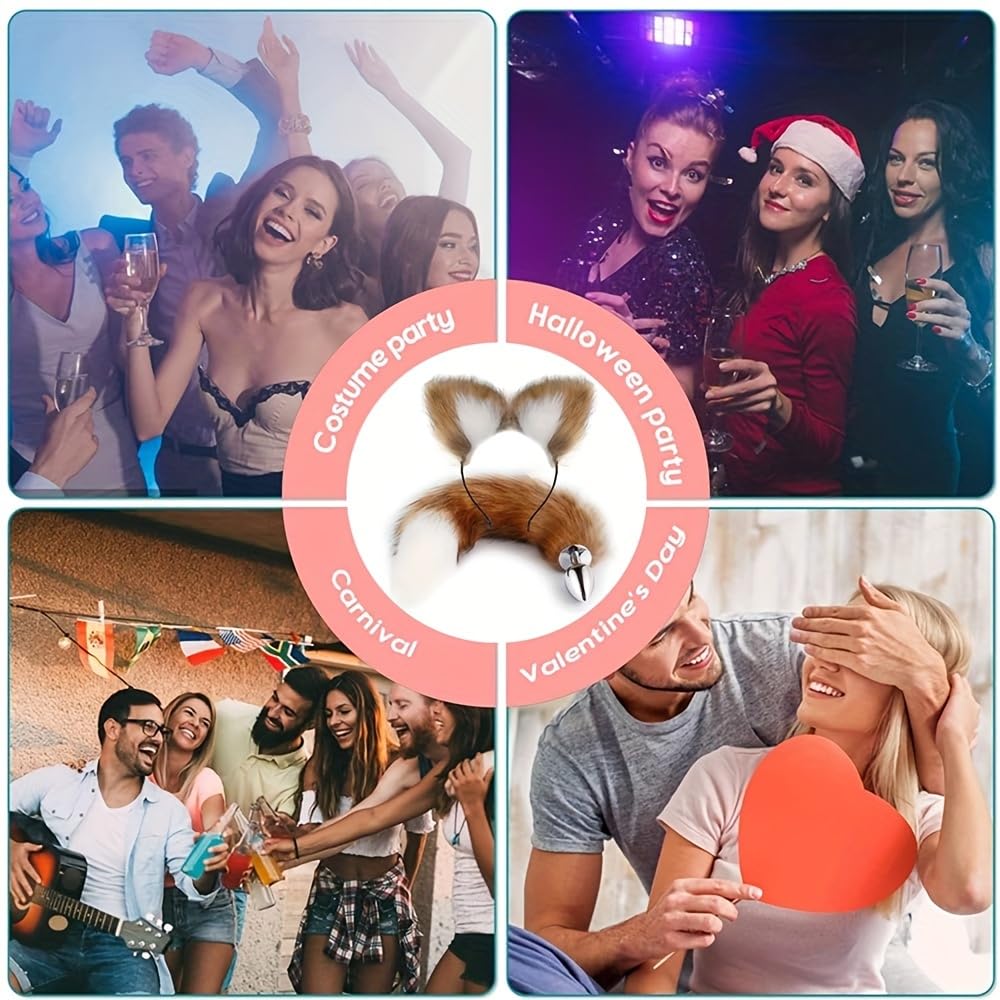 Fox Costume Set for Adults: Sexy Faux Fur Fox Tail Plug, Ears Headband, and Adjustable Hairband – Perfect for Cosplay, Roleplay, and Fancy Dress