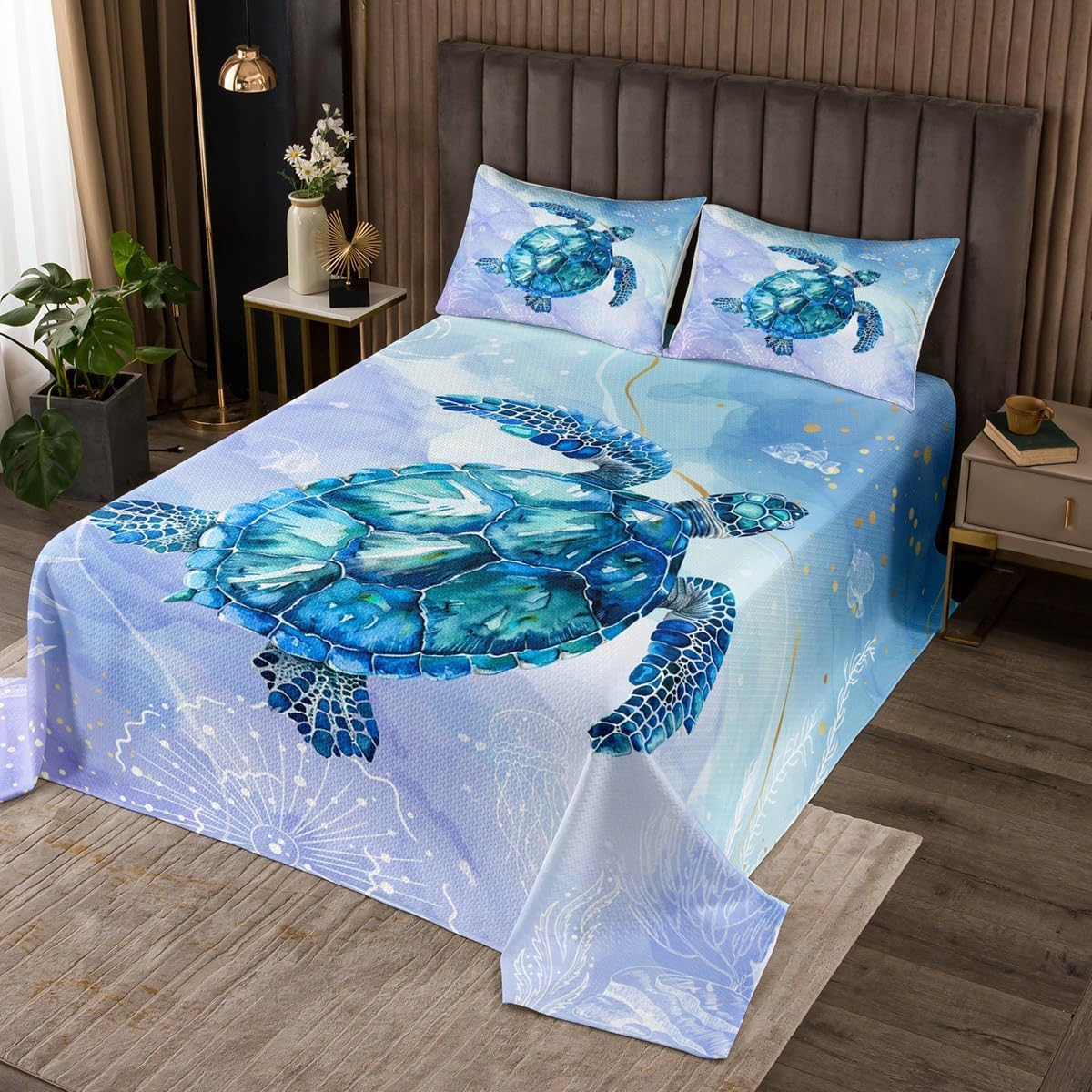 Feelyou Sea Turtle Bedspread Twin Kids Ocean Blue Quilted Coverlet for Boys Girls Teens Beach Coastal Coverlet Set Breathable Summer Holiday Vacation Quilted Room Decor Animal Quilt Set
