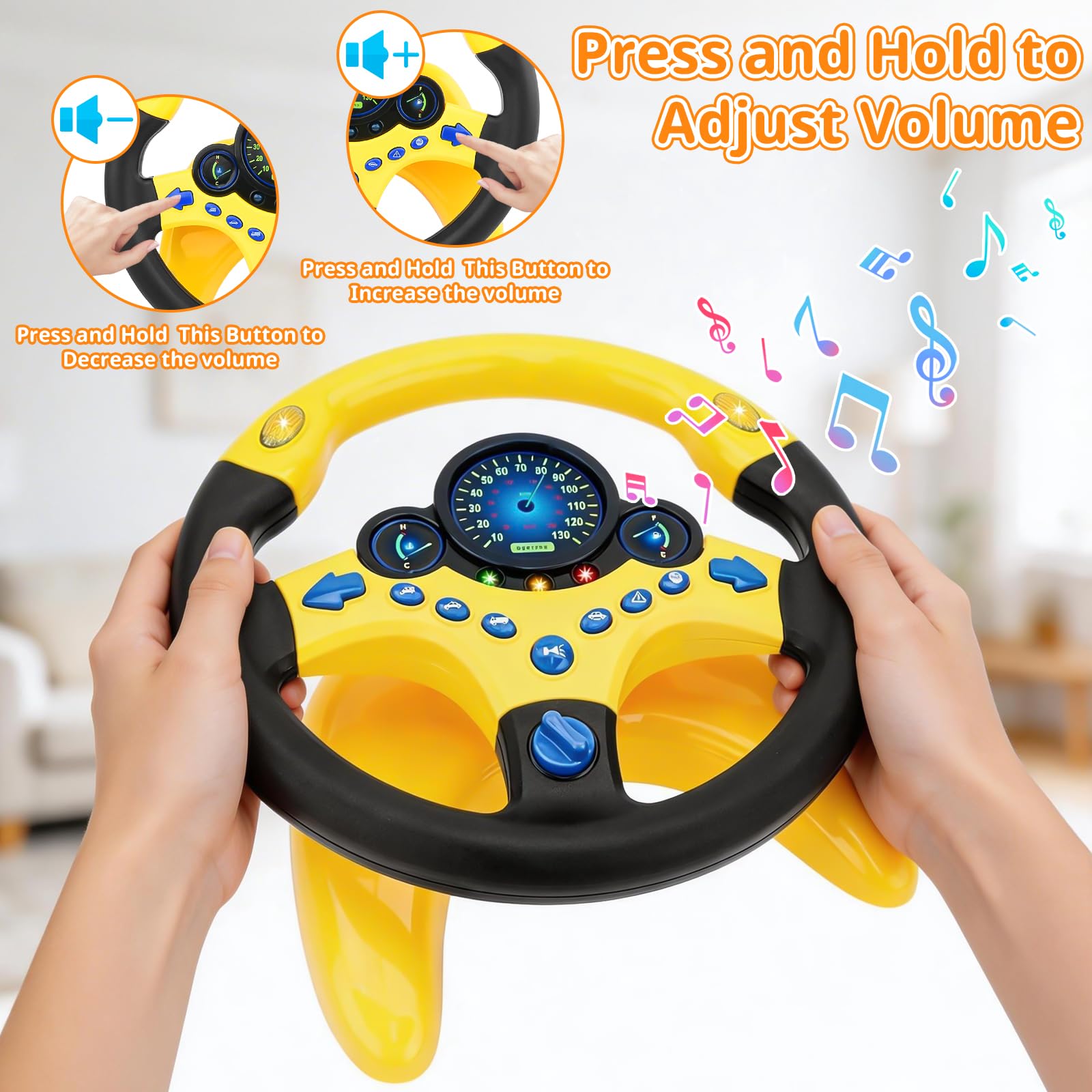 deAO Kinder Lenkrad Spielzeug mit 360° Drehfunktion, Kinder Simulierter Fahrsimulator Auto Simulation Spielzeug, Klang und Musik frühes Pädagogisches Geschenk für Kleinkind/Kinder (Gelb)
