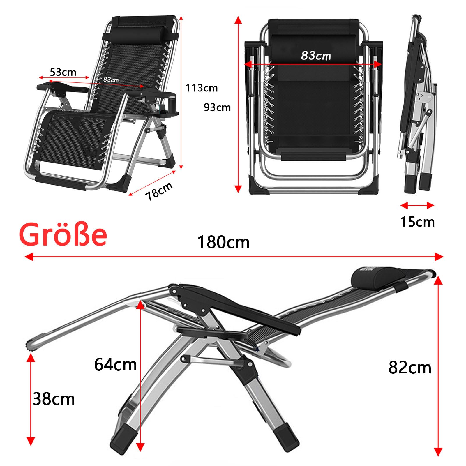 TYGYSDO Sedie A Sdraio Pieghevoli,Sdraio Da Giardino Pieghevole con Imbottita,Poltrona Relax Sdraio Zero Gravity,Sedia Giardino Da Esterno Portata 200 Kg,Sdraio con Poggiapiedi Balcone Reclinabile