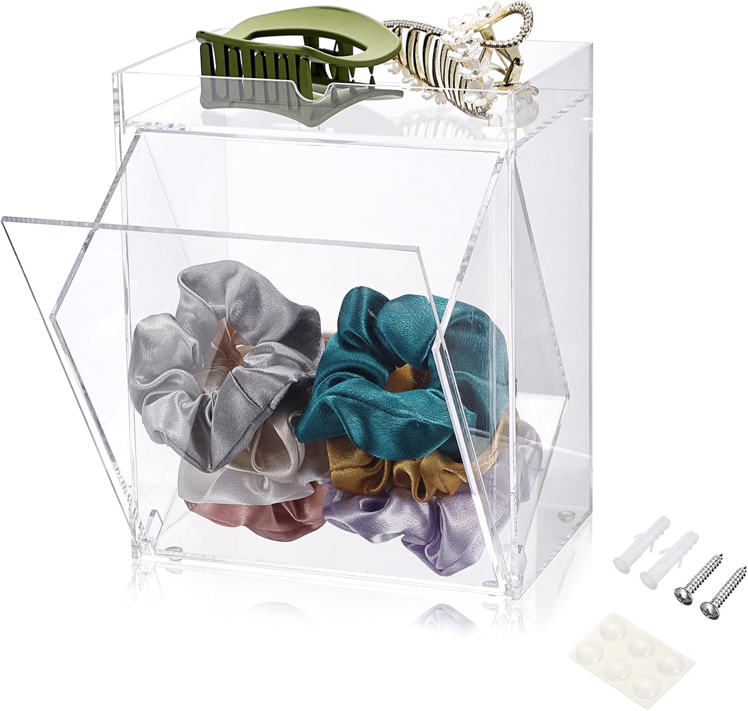 Hipiwe Acrylic Hair Tie Organizer with Tray Clear Headband Container Countertop Hair Accessories Storage Box Mounted Storage Bin for Dresser Laundry Kitchen Pantry