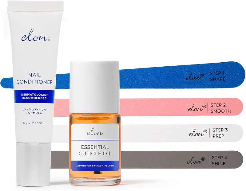 Elon Essentials Kit for Healthy Nails – Kit Includes Elon Nail Conditioner, Cuticle Oil & File Set – Manicure Set for Daily Strengthening and Moisturizing Cuticles