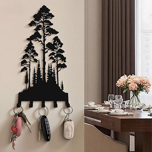 Miniatura 4 de Soporte de metal para llaves de pared, árboles altos y densos, ganchos de pared con 5 ganchos, colgador de llave de metal negro, decoración de pared