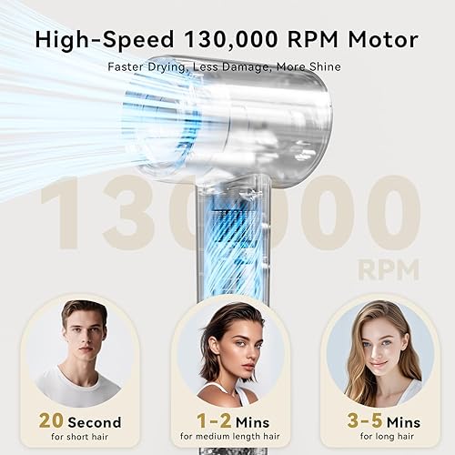 Miniatura 2 de Secador de pelo, 130000 RPM de alta velocidad sin escobillas para secado rápido, 400 millones de iones negativos secadores de pelo para mujeres,