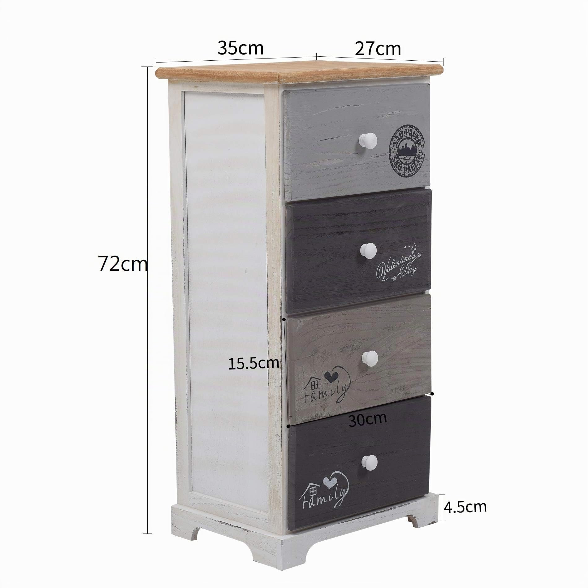Rebecca Mobili Chiffonnier 4 Tiroirs, Commode Vintage, pour Chambre Salle de Bain, Bois de Paulownia, Blanc Gris – Dimensions: 72 x 35 x 27 cm (HxLxL) - Art. RE4333