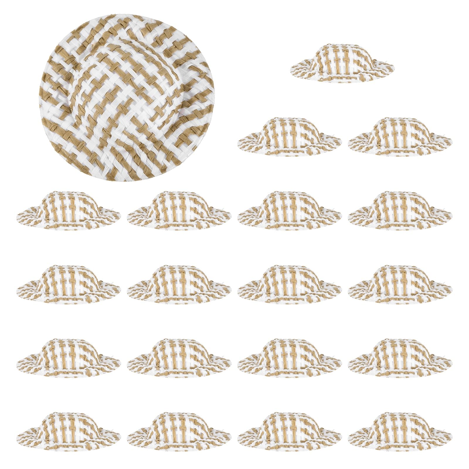 PATIKIL 20 Pcs Mini Straw Hats, 2 x 0.5 Inch Craft Doll Hats Miniature Ornaments Woven Caps for DIY Dollhouse Decoration Hair Accessories Snowman Weddings Party, Coffee/White