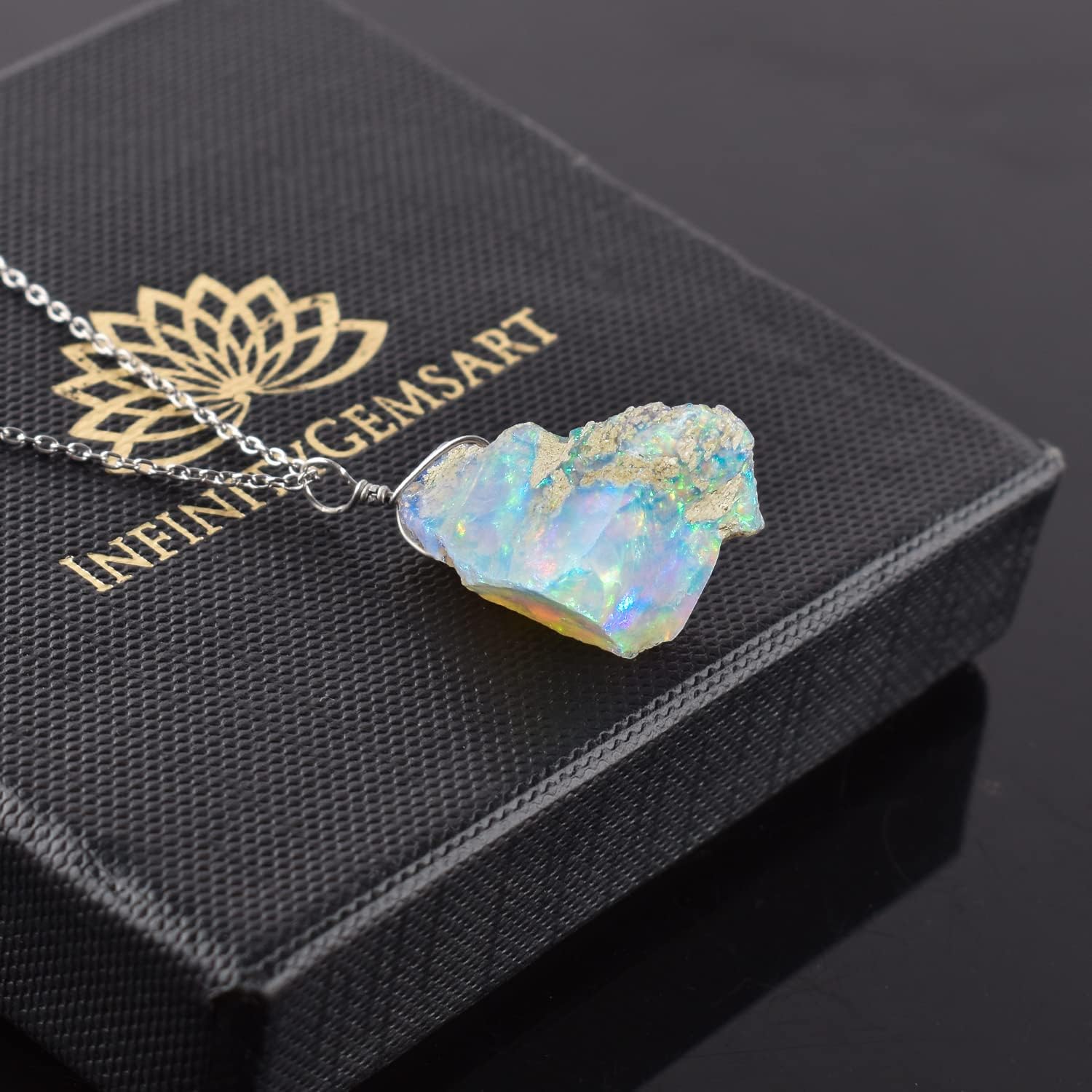 InfinityGemsArt Genuine Raw Ethiopian Opal Gemstone Dainty Pendant Necklace Rough Crystals Birthstone Fire Opal, Healing Stones Charming Women Jewelry 925 Sterling Silver 18 inch Gifts For Her - Image 2