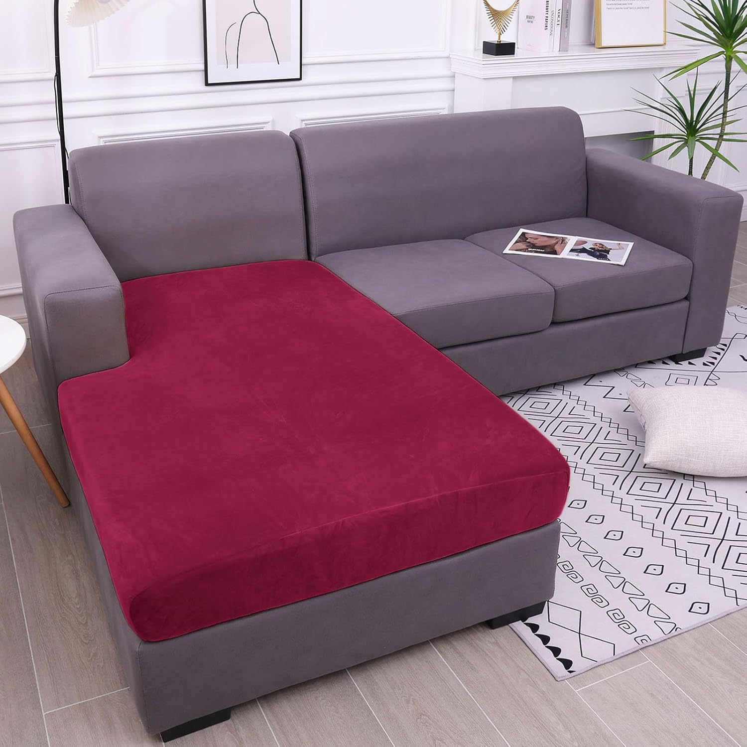 hyha Velvet Couch Cushion Covers, Stretch Sectional Couch Covers L Shape, Chaise Lounge Covers, Sofa/Couch Seat Covers, Couch/Sofa Cushion Covers for Sectional Sofa(Chaise Cover, Wine Red) Wine Red Chaise Cover