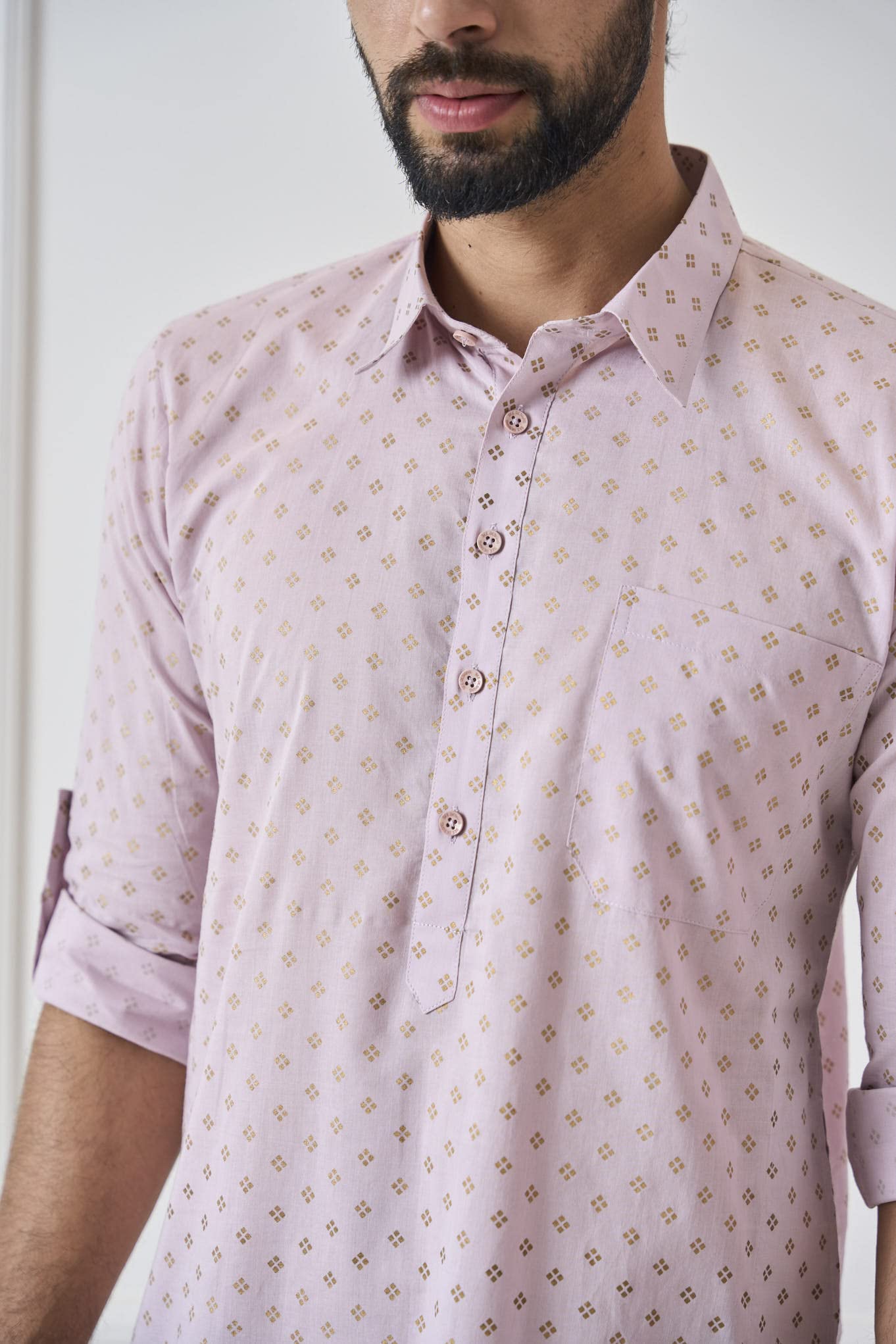 See Designs Men Spread Collar Baby Pink Regular Pure Cotton Pathani Full Sleeve Kurta With Black Salwar - Sd2Mpkt_114704S