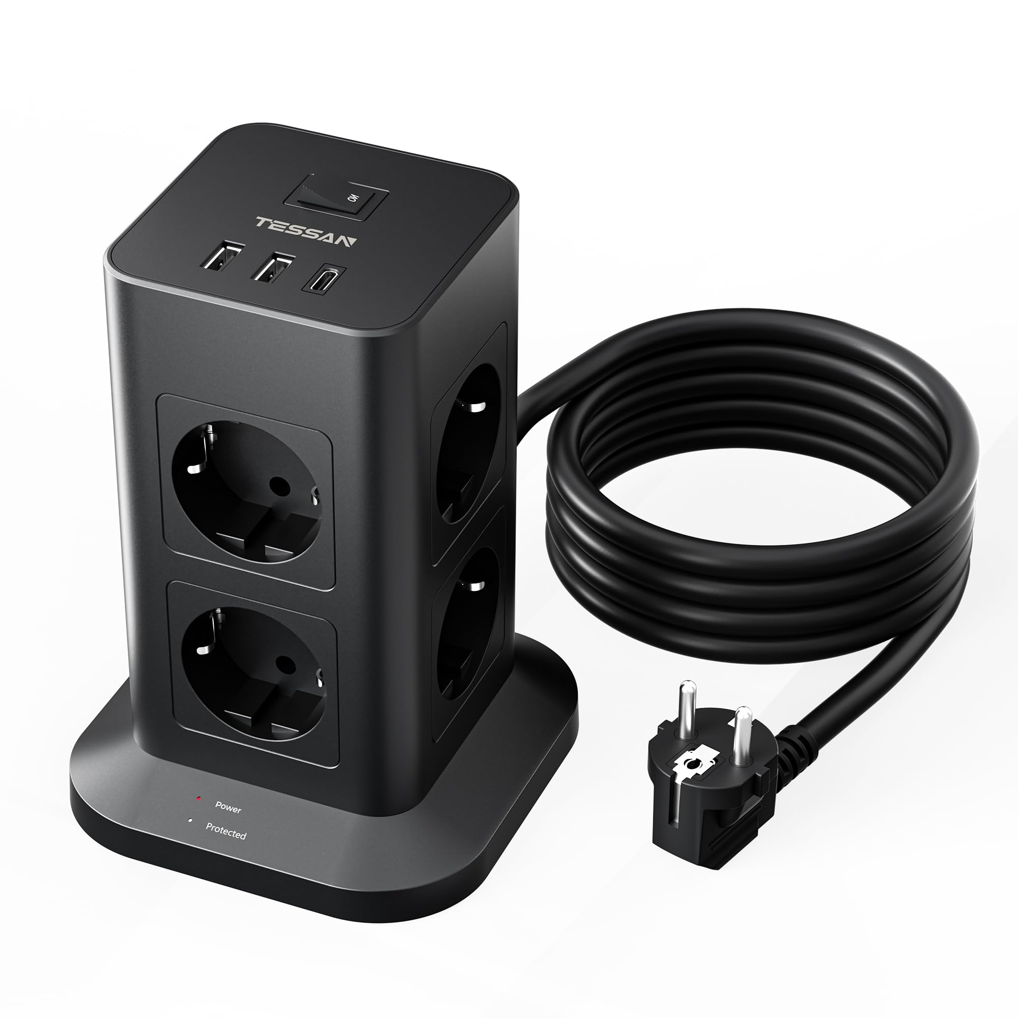 TESSAN Regletas Enchufes Proteccion Sobretension 8 Tomas con 1 USB A y 2 USB C, Torre Regleta Vertical con Interruptor, Alargador Enchufe 2 Metros, Torre Multiple 3600W para Mesa, Oficina, Casa — view 8