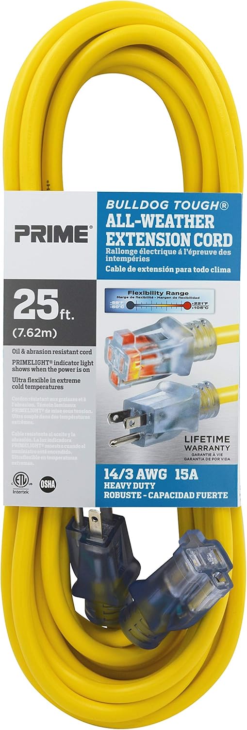 Prime Wire & Cable LT511725 25-Foot 14/3 SJTOW Bulldog Tough Extension Cord with PrimeLight Indicator Light, Yellow