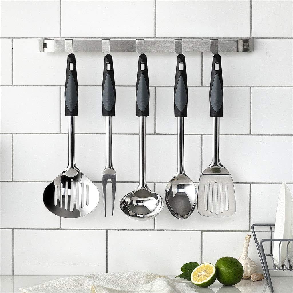 46CM Home Storage Kitchen Rail with 5 Hooks Wall Mounted Wrought Stainless Steel Hanging Utensil Holder Rack