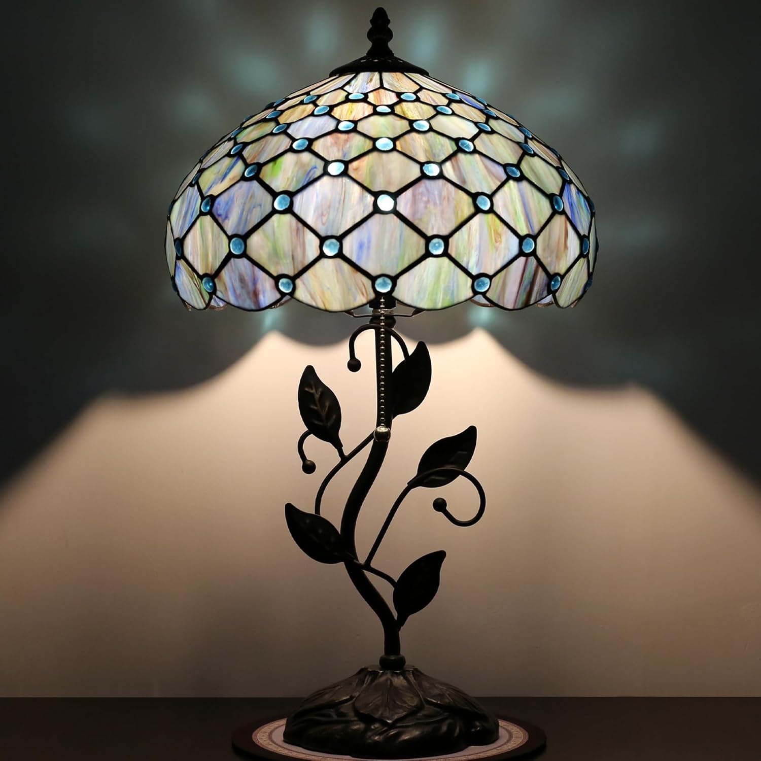 Tiffany Lamp Stained Glass Style Table Lamp Blue Beads Style Bedside Desk Reading Light W12H19 Inch Metal Leaf Base with Metal Leaf Base