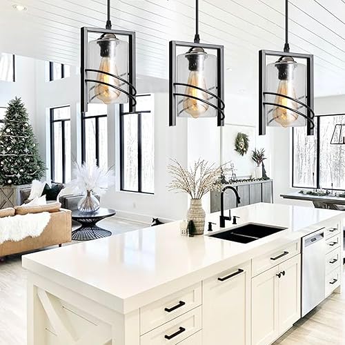 Miniatura 5 de Paquete de 1 lámpara colgante industrial, moderna lámpara colgante de metal, color negro, soplado a mano, pantalla de vidrio transparente con cable