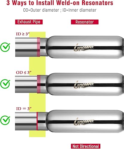 Miniatura 3 de UPOWER Resonador de escape de entrada y salida de 3 pulgadas, silenciador de acero inoxidable recto de 16 pulgadas de longitud total, pulido