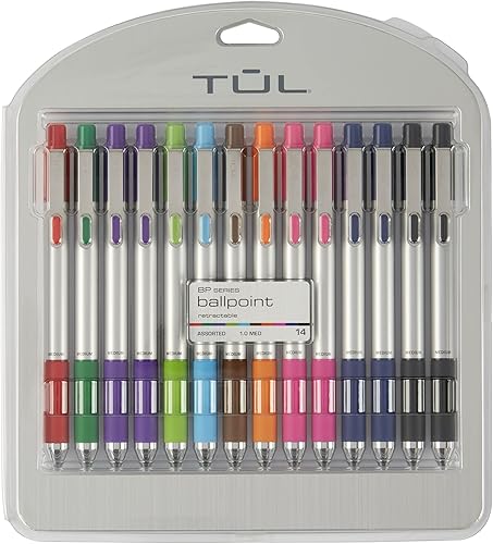 TUL Bolígrafos retráctiles de la serie BP, punta media, 0.0 pulgadas, barril plateado, tintas surtidas, paquete de 14 bolígrafos