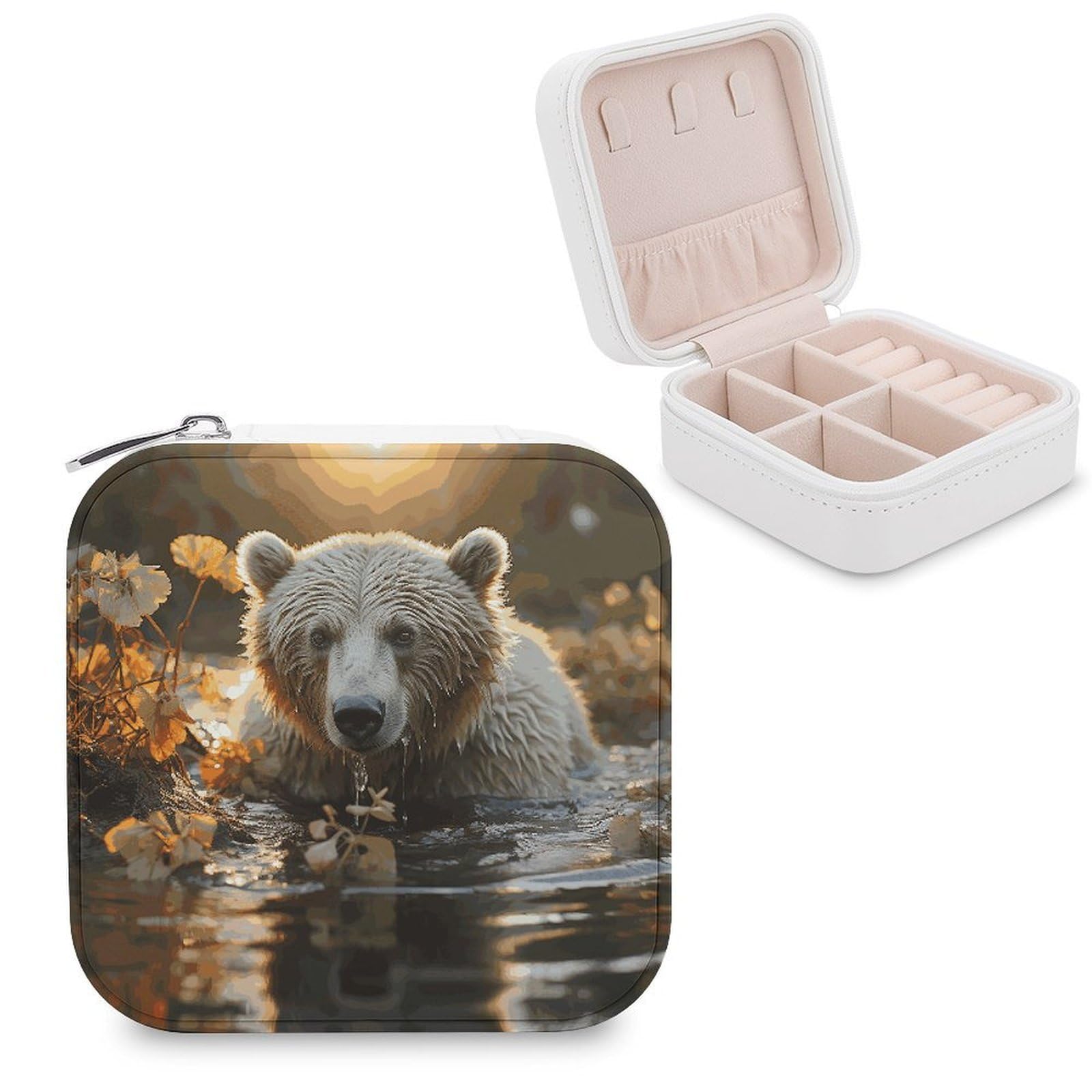 VstaDank Bear Crossing The River Jewelry Box Portable Mini Travel Case Display Storage Holder Boxes PU Leather Small Jewelry Organizer for Women for Stud Earrings Rings Necklaces Bracelets