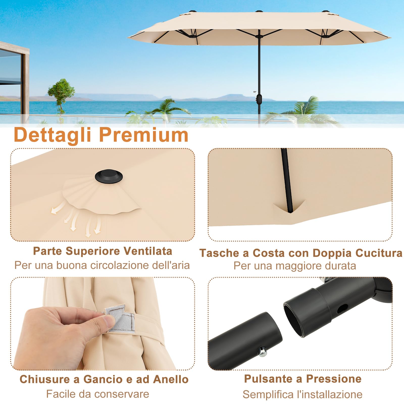 GYMAX Ombrellone Doppio da Giardino con Base, 4 x 2 m, con Manovella e Ventilazione, Ombrellone da Tavolo Extra Grande per Area Piscina, Terrazzo e Cortile