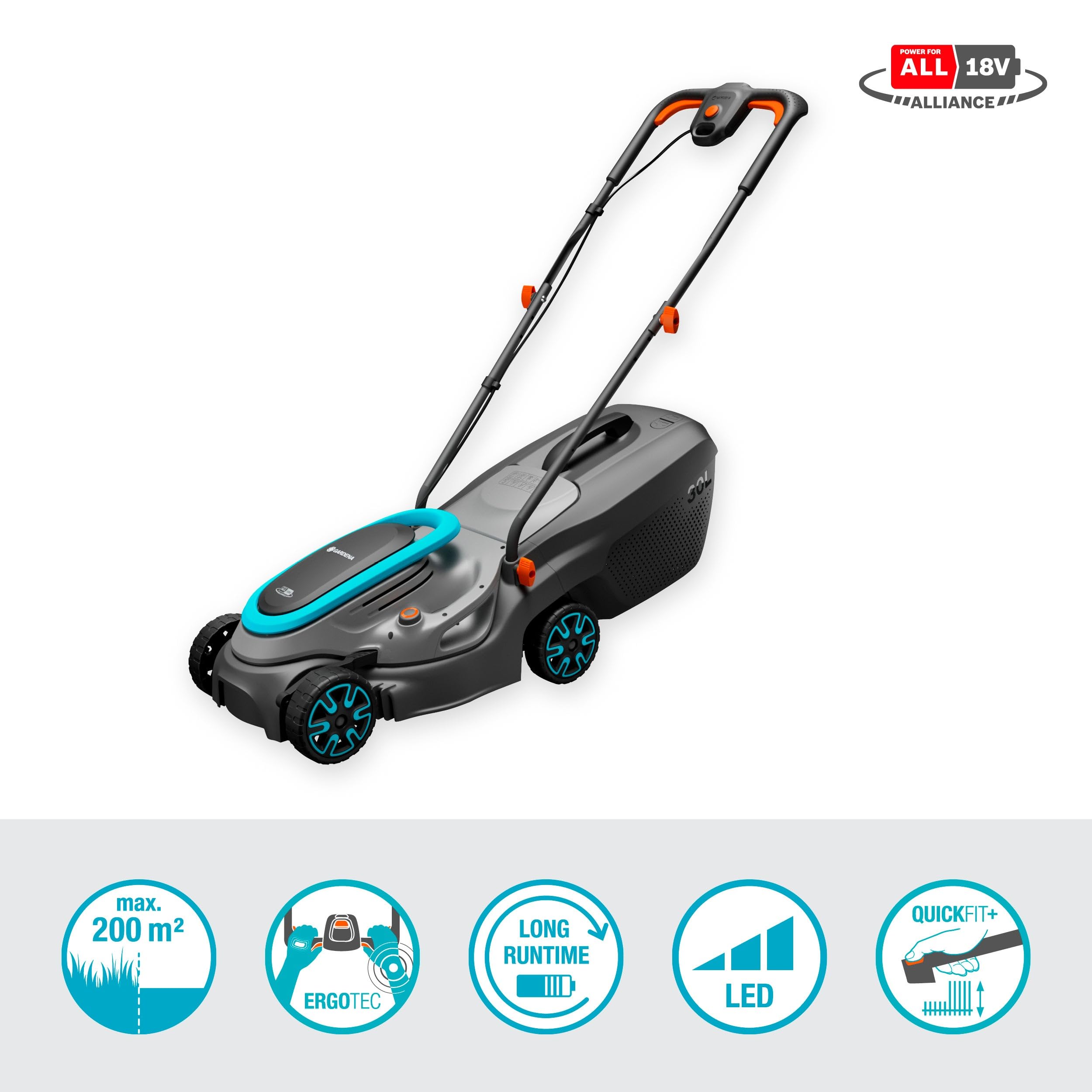Gardena Rasaerba A Batteria Powermax 32/18V P4A Set Pronto All'Uso: Larghezza di taglio 32 cm, Capacità 30 l, Ergonomico, Regolazione dell'altezza, Senza fili (14632-20)