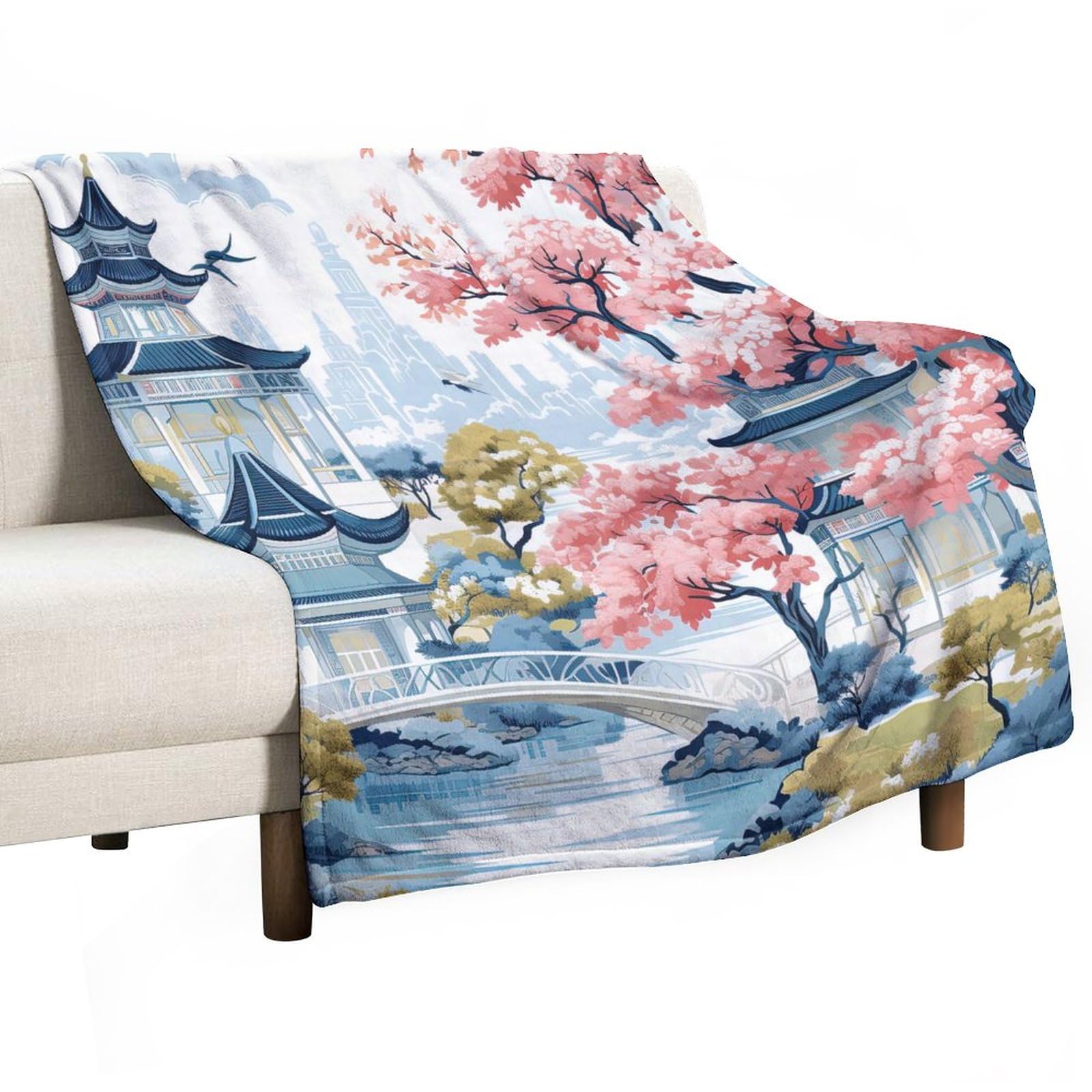 Couverture polaire en flanelle chinoiserie bleue pagode 127x152 cm pour adulte