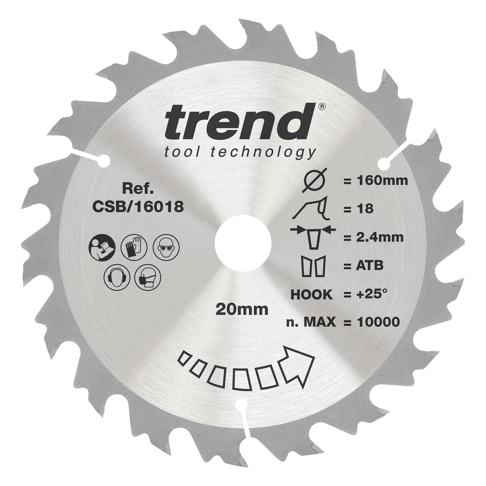 Trend Lama Circolare per Legno, Diametro 160mm, Foro 20mm, 18 Denti, Larghezza Taglio 2.4mm, Angolo +25°, Metallo Duro (TCT), Finitura Grezza, CSB/16018