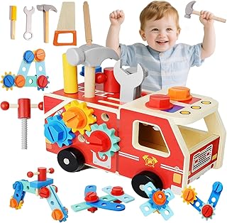 Tool Box Gift Set from 3+ Years | 34-Piece Montessori Wooden Toy with Workbench & Fire Engine | Educational Toy to Promote Fine Motor Skills Boys and Girls