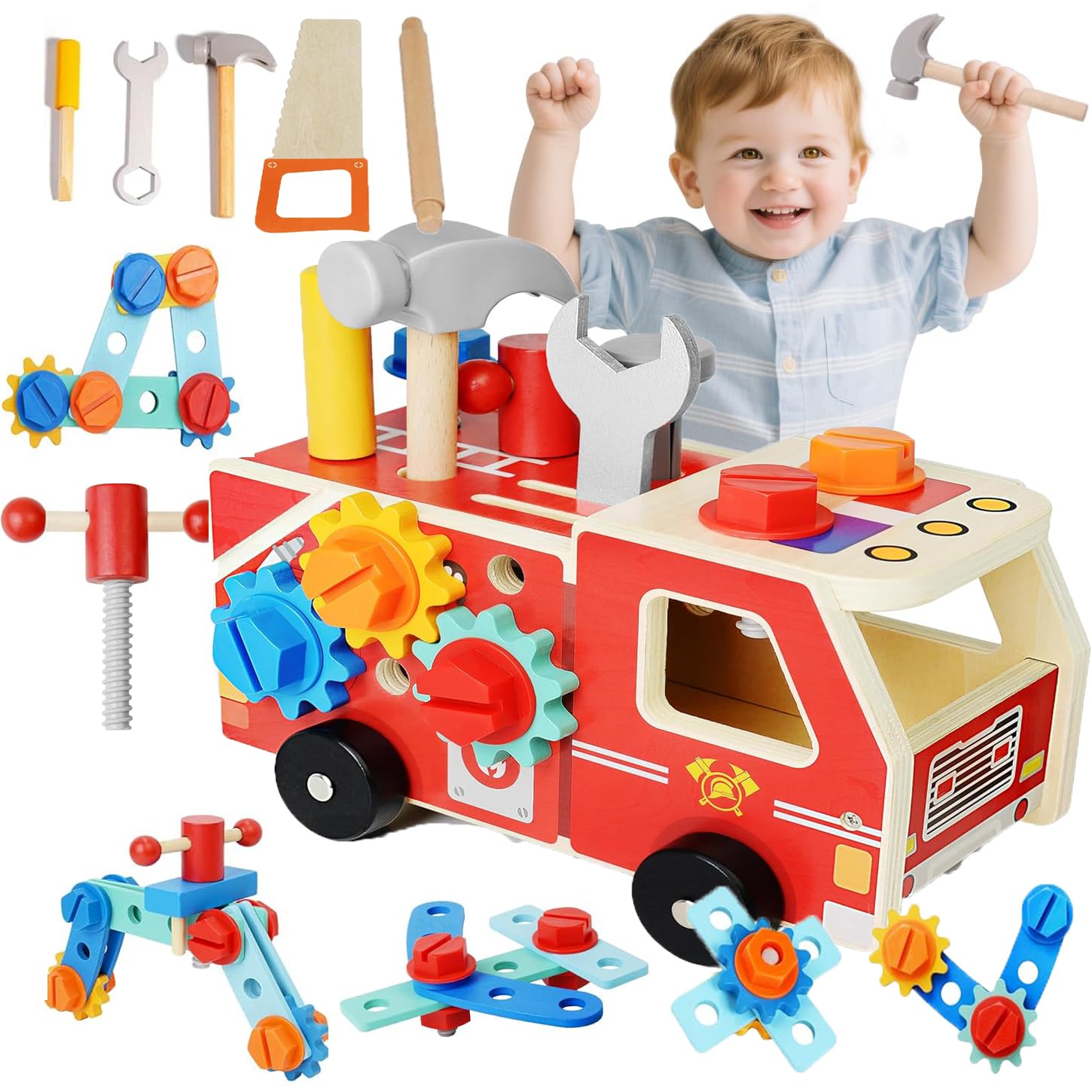 Herramientas Juguete Niños,Caja Herramientas Juguetes Camión de Bomberos de Madera Juego Educativo Caja Manualidades Herramientas Bricolaje Regalo Niño Niñas 3 4 5 Años