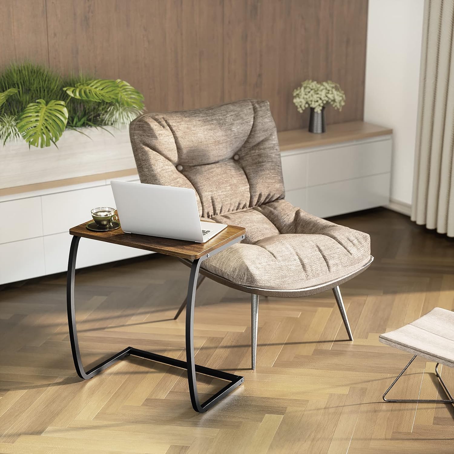 SRIWATANA End Tables Living Room, Sofa Side Couch Table, Vintage C Table for Laptop Coffee Snack, Light Walnut