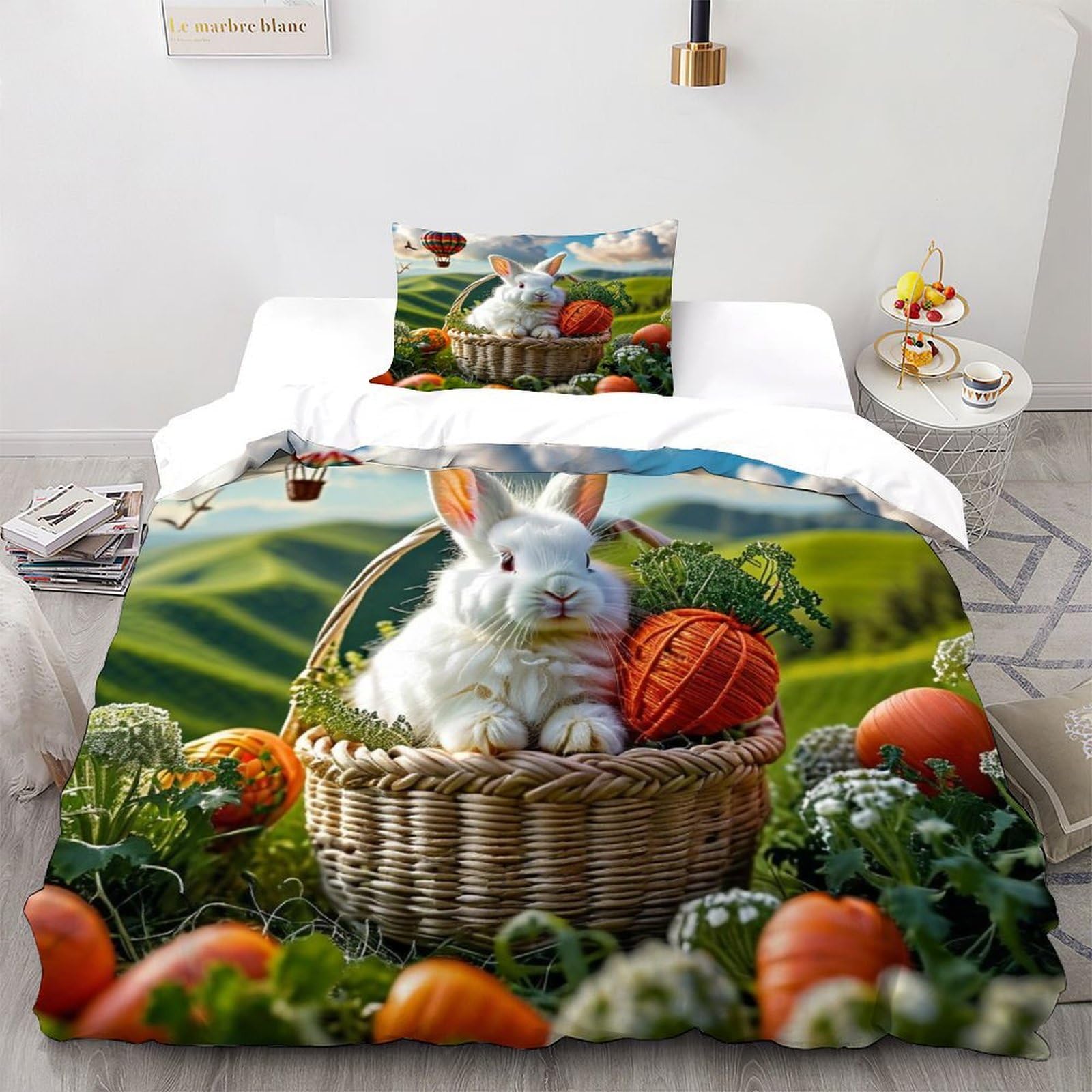 Housse de couette lapin panier 135x200 taie d'oreiller parure lit animal single