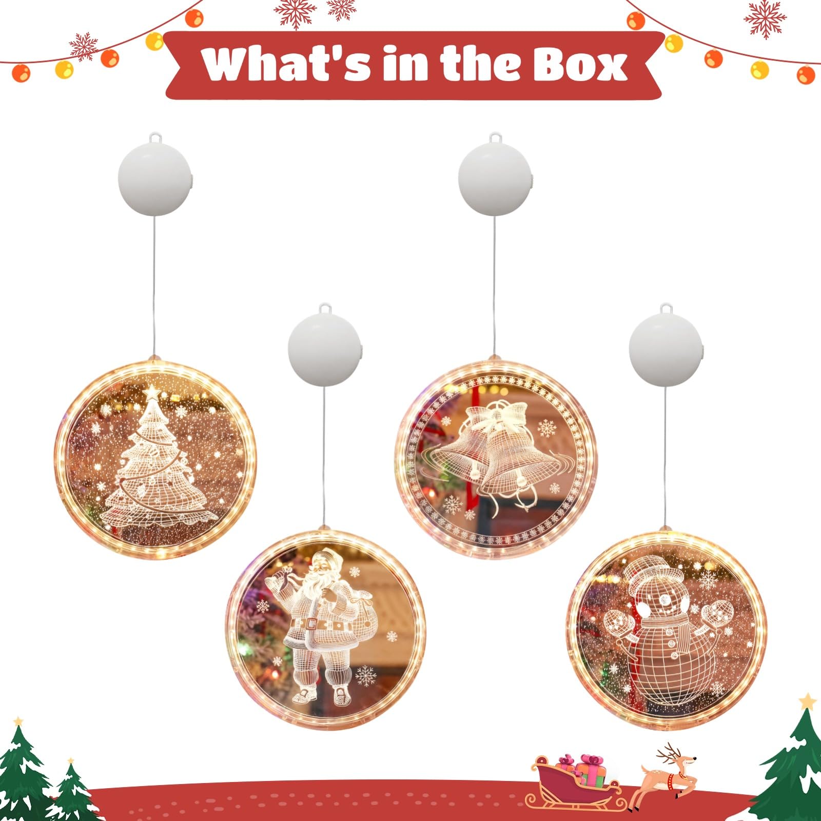 Świąteczne lampki okienne LED, ozdoby z przyssawkami ze Świętym Mikołajem, drzewem, dzwonkiem, bałwanem, na baterie, wisząca dekoracja akrylowa do ekspozycji świątecznych