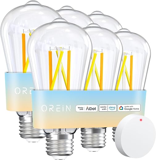 OREiN Smart Edison Light Bulbs with Smart Button, WiFi ST19(58) Vintage Light Bulbs E26 Base, 800lm Dimmable 2700K-6500K T...