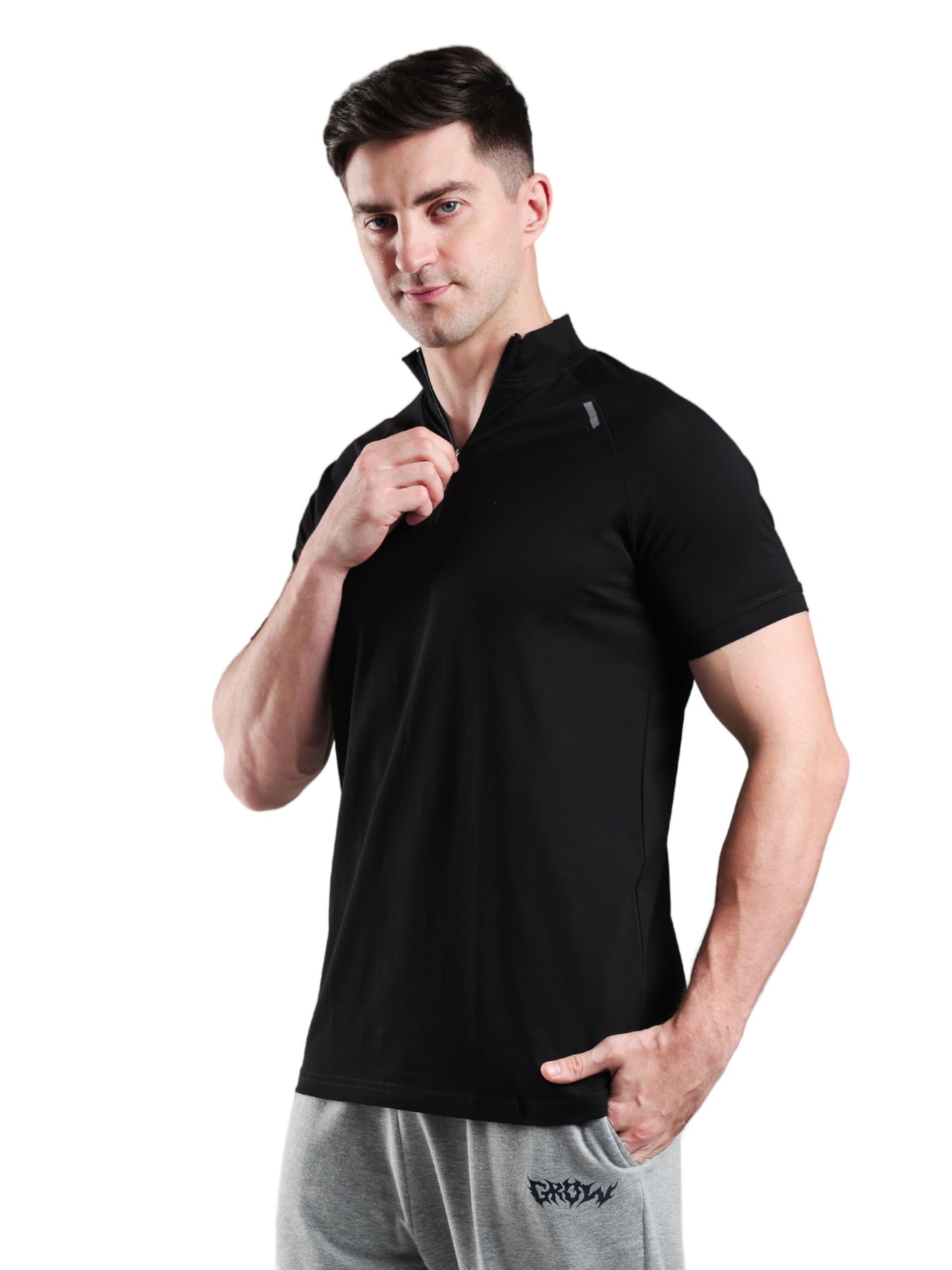 GROW Half Raglan Quarter Zip Half Sleeve T-Shirt Workout | Cotton and Spandex Quarter Zip Back Printed Collar T Shirts for Men-picture-27