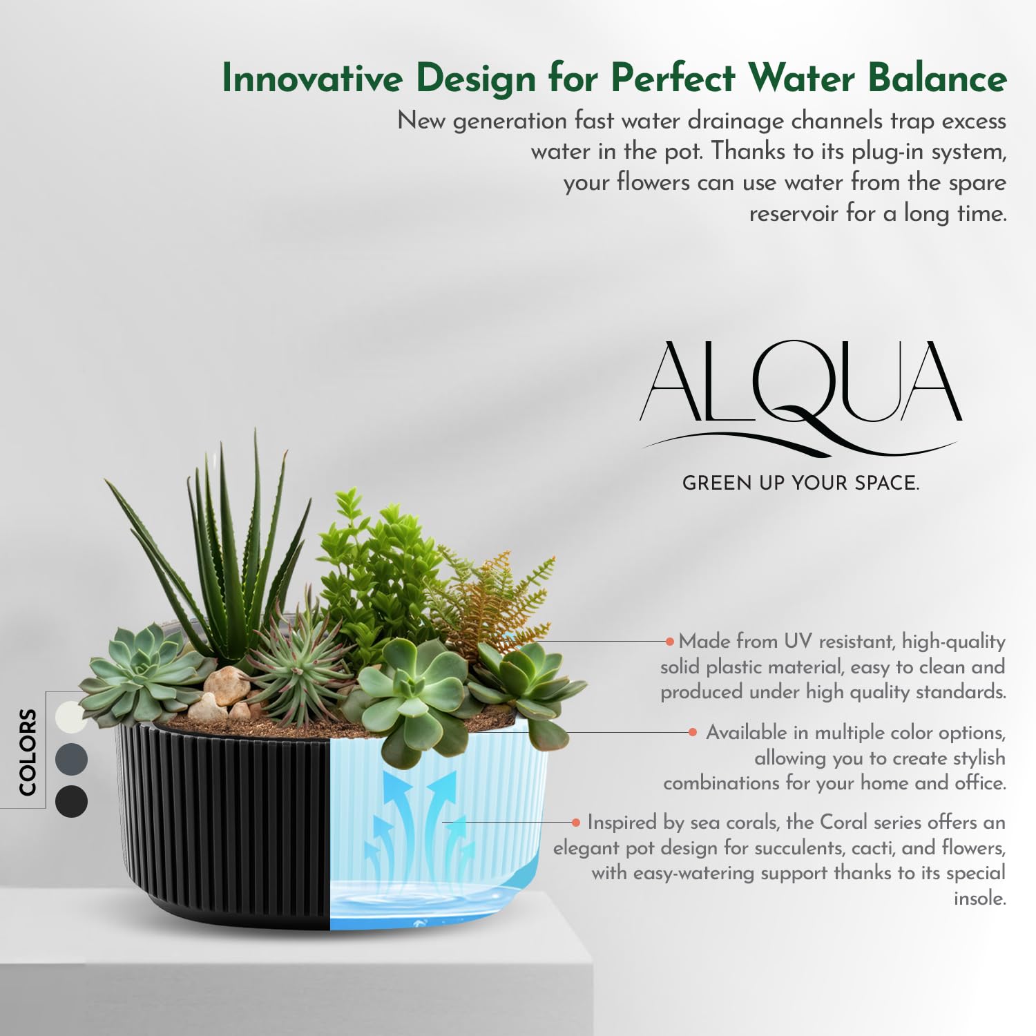 alqua 20CM Elliptical Self Watering Plant Pot Black Plastic Flower Pot with Drainage Large Modern Matte Planter for Indoor & Outdoor Use Arrangement Container Stylish Plant Decor - Image 2