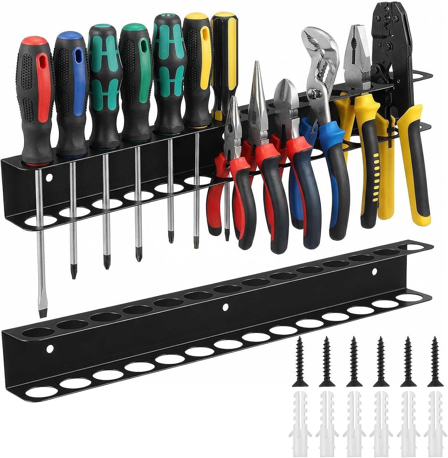 2pcs Screwdriver Organizer Wall Mounted Screw Driver Holder with 14holes Metal Plier Organizer Wall Mount 15.8inch tool organizers Space-Saving Storage for Garage, Workshop, Home Workbench