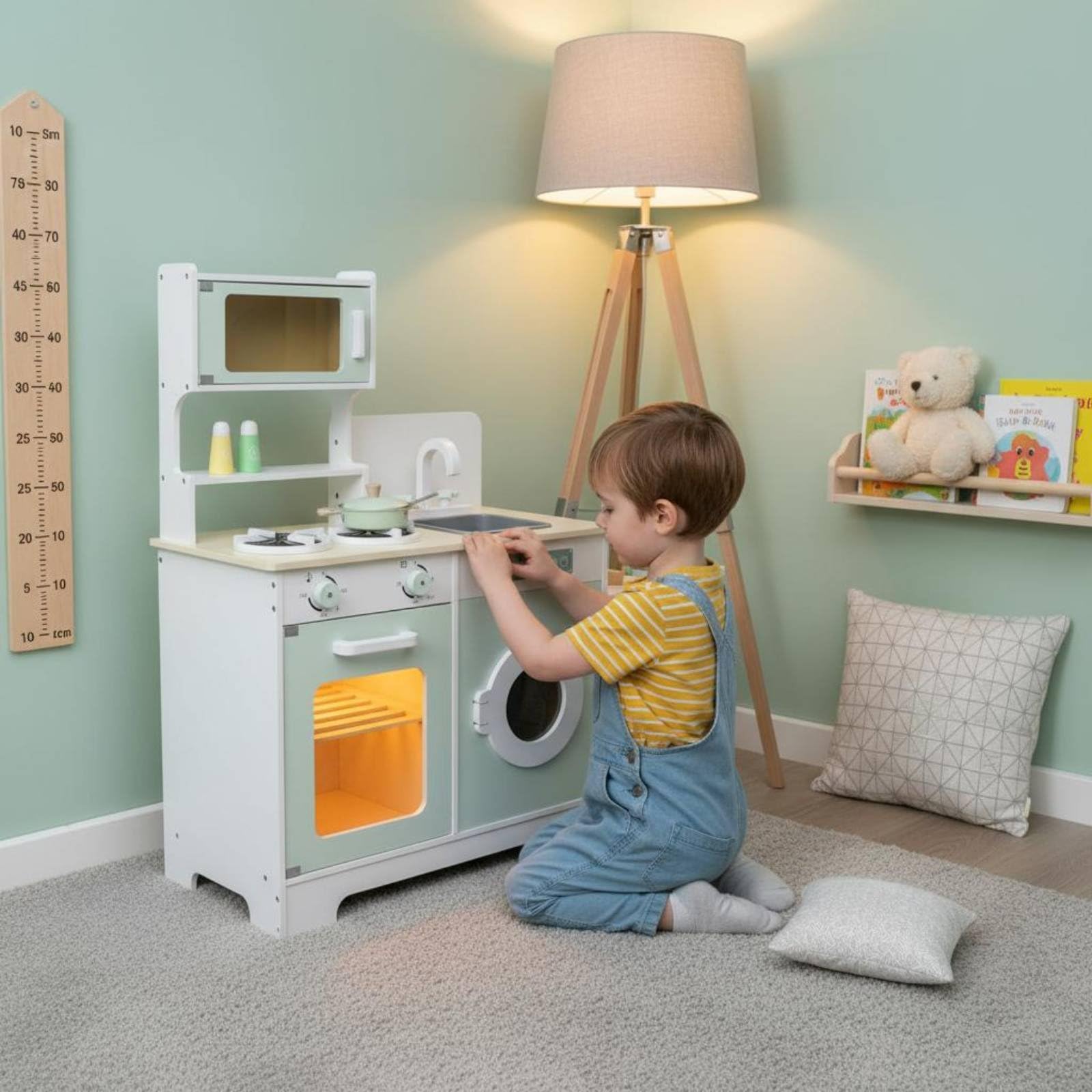 Kinder Spielküche Holz Kinderküche Spielset Küche Spielzeug Kochen Spüle Herd Kühlschrank Mikrowelle Robuste Holzkonstruktion mit Kompaktem Aufbau