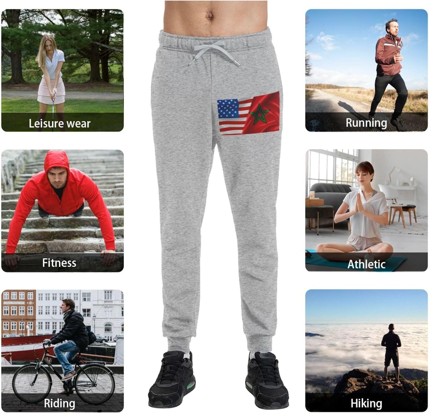 America Flag and Moroccan Flag Men's Long Pants Athletic Running Pants Sports Pants