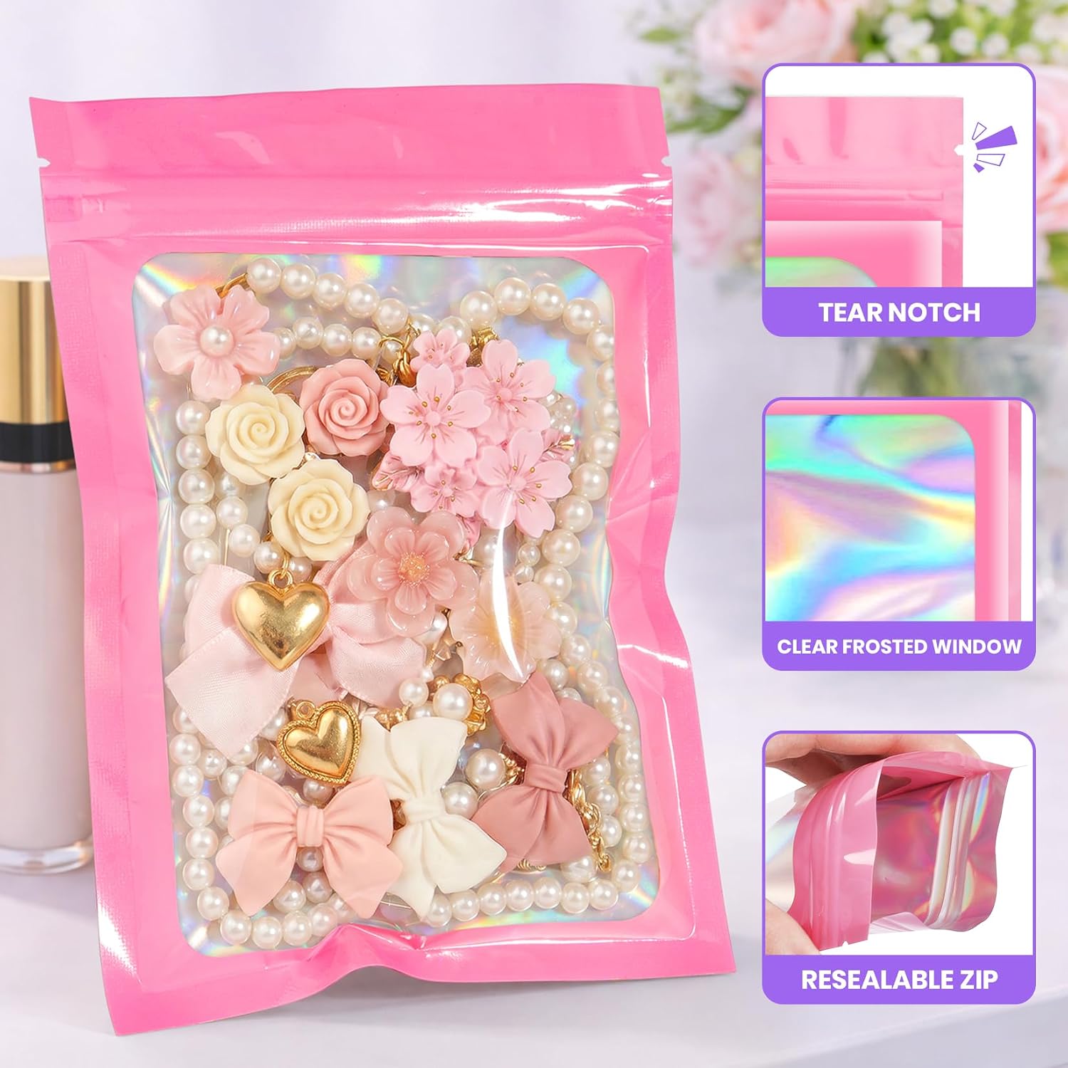 ANZNKU Holographic Bags 4x6 Pink Mylar Bags Resealable 50PCS, Smell Proof Packaging Bag Snack Pouches Goodie Baggies for Candy Jewelry Graduation Party Favors, Small Gift Bag for Small Business image 5