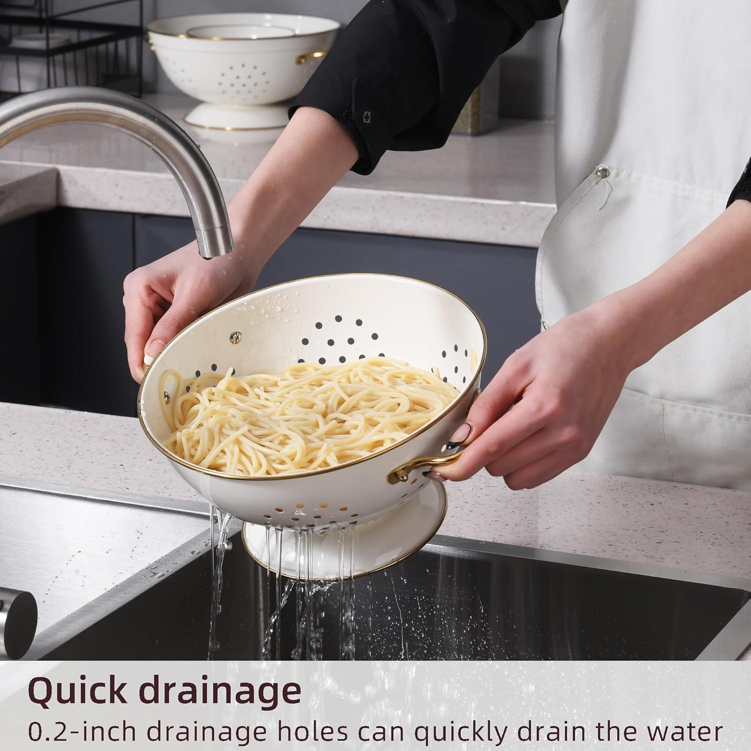 Set di Scolapasta in Metallo - 1, 3,5 e 5 Litri, Colapasta con Manico e Base, Colino da Cucina per Pasta, Frutta e Verdura, Lavabile in Lavastoviglie (Crema)