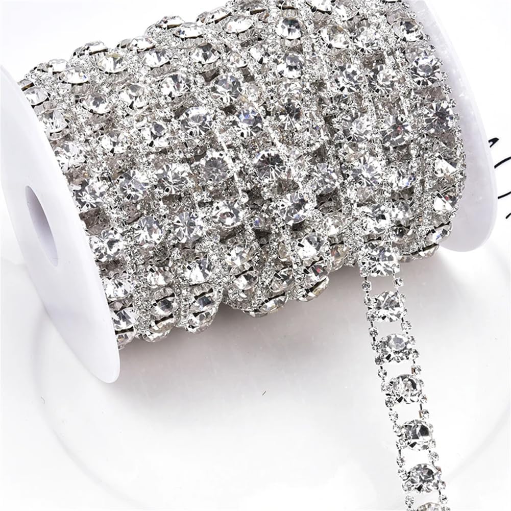 1Cm Width Rhinestone Clear Stone Crystal Cup Chain Wedding Metal Decorative Trim Sewing Accessories Gun Metal Color 5yards