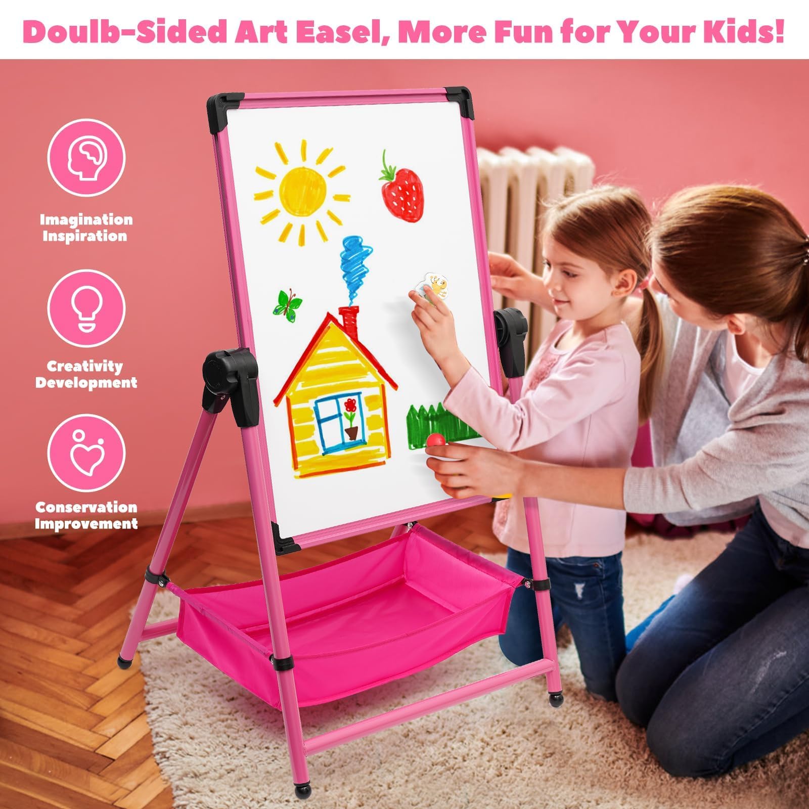 Caballetes para Niños Pizarra Caballete Infantil de Doble Cara con Altura Ajustable 75-112cm Chalkboard Whiteboard 360° giratorio con accesorios