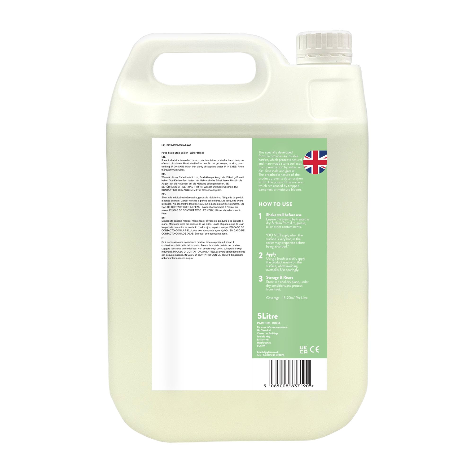 GLEAN Sellador antimanchas para patios | Sellador impregnante base agua | Patios y suelos de piedra natural | Protege contra aceite, grasa, suciedad, cal y manchas de agua | Acabado natural | 5 Litros