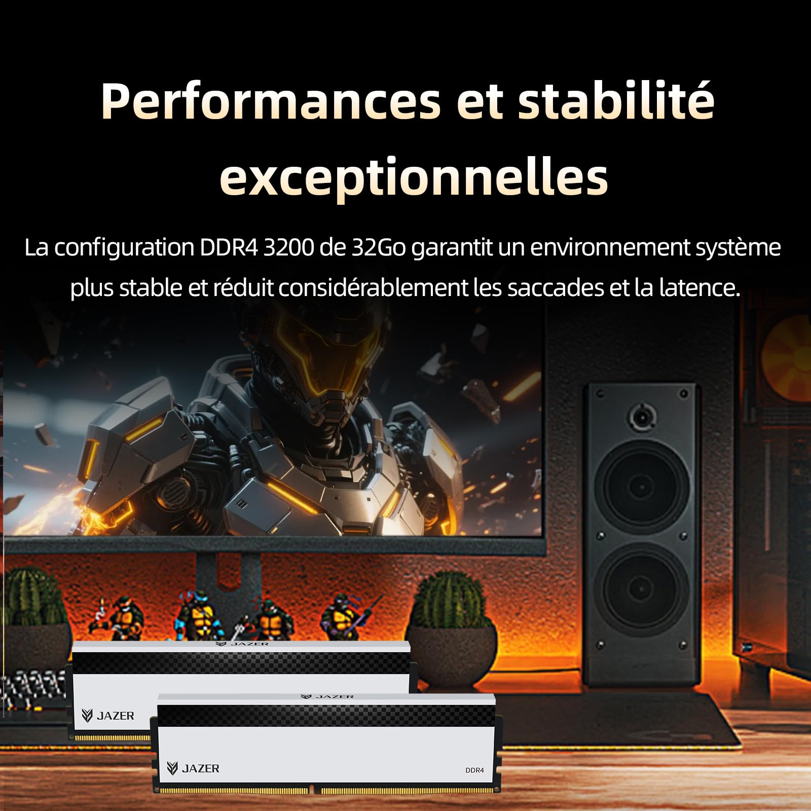 JAZER RAM DDR4 32Go Kit (2x16Go) 3200MHz CL18 Mémoire | Overclocking XMP 2.0, UDIMM 1.35V, Pour Ordinateur de Bureau, Haute Performance Pour Jeux
