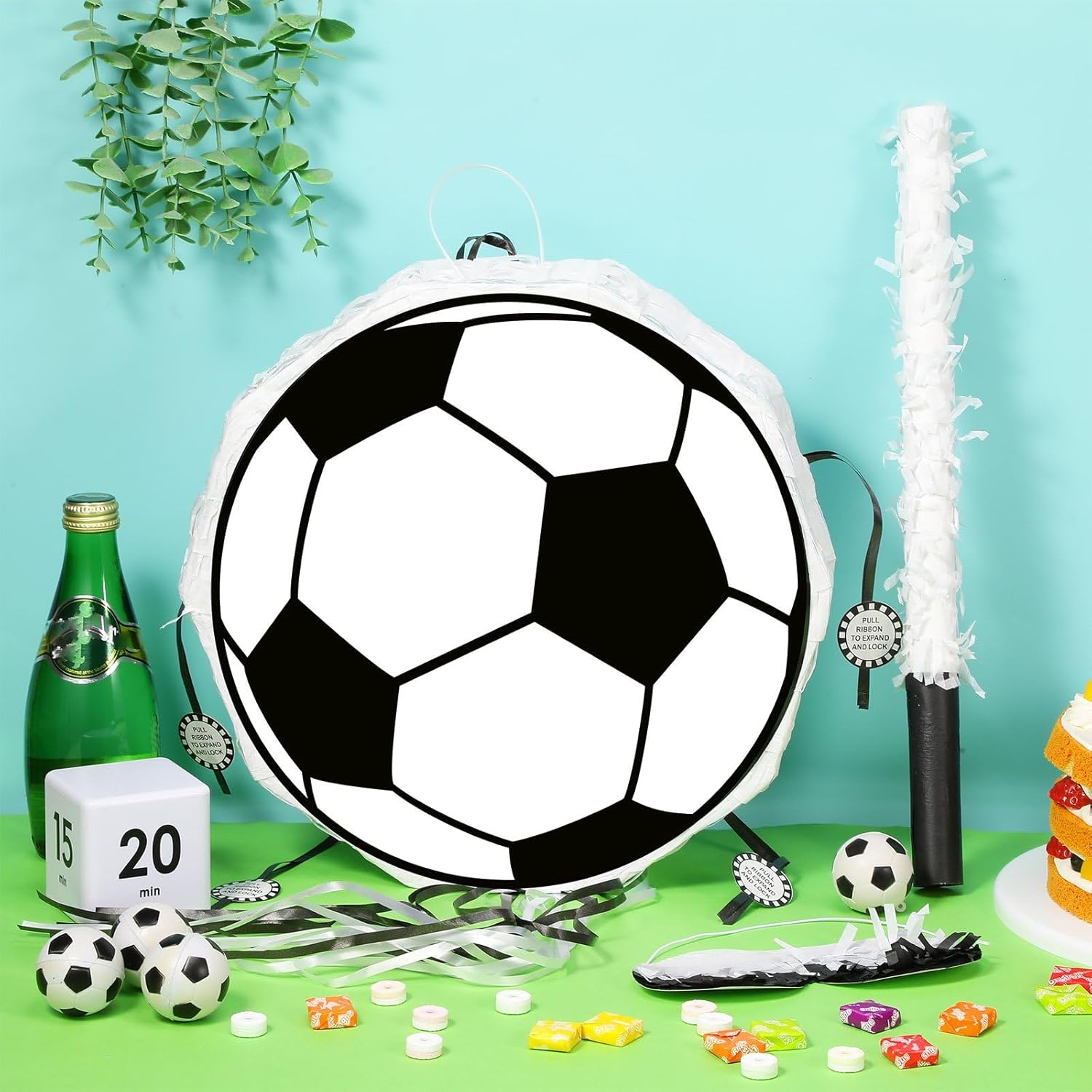 Capoda Soccer Piñata Pull String Piñata Bundle with Tassel Blindfold Bat and Confetti Sports Theme Birthday Party Favors for Kids Adults Soccer Football Party Decorations Supplies