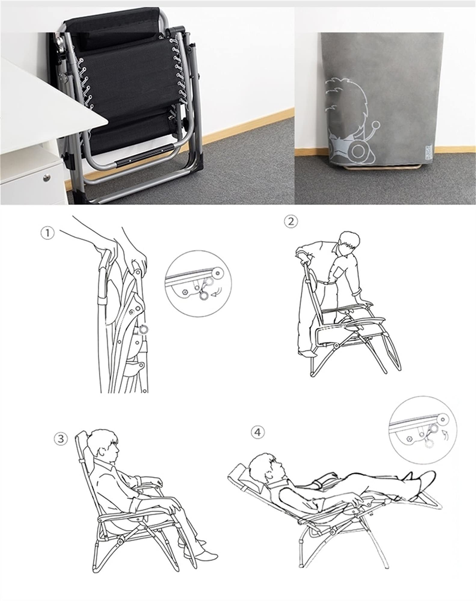 SdneNest - Juego de tumbonas plegables/sillas de jardín con soporte para vasos/cubierta plegable reclinable de gravedad cero para exteriores, silla de salón de malla con gravedad cero, color negro -