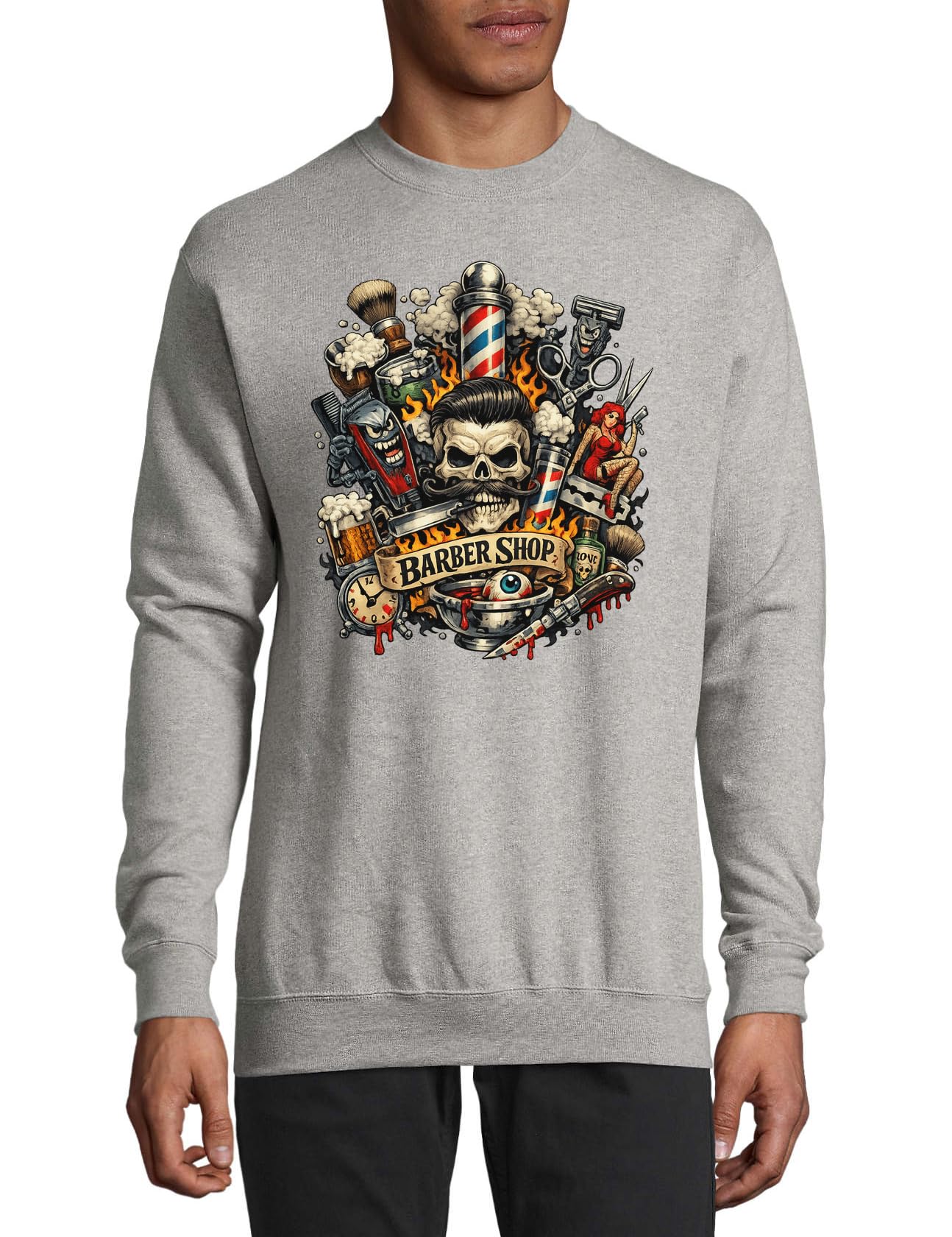 Ciemna czaszka Barber Shop Design Bawełniany Sweter Bluza Sweter Sweter Szary